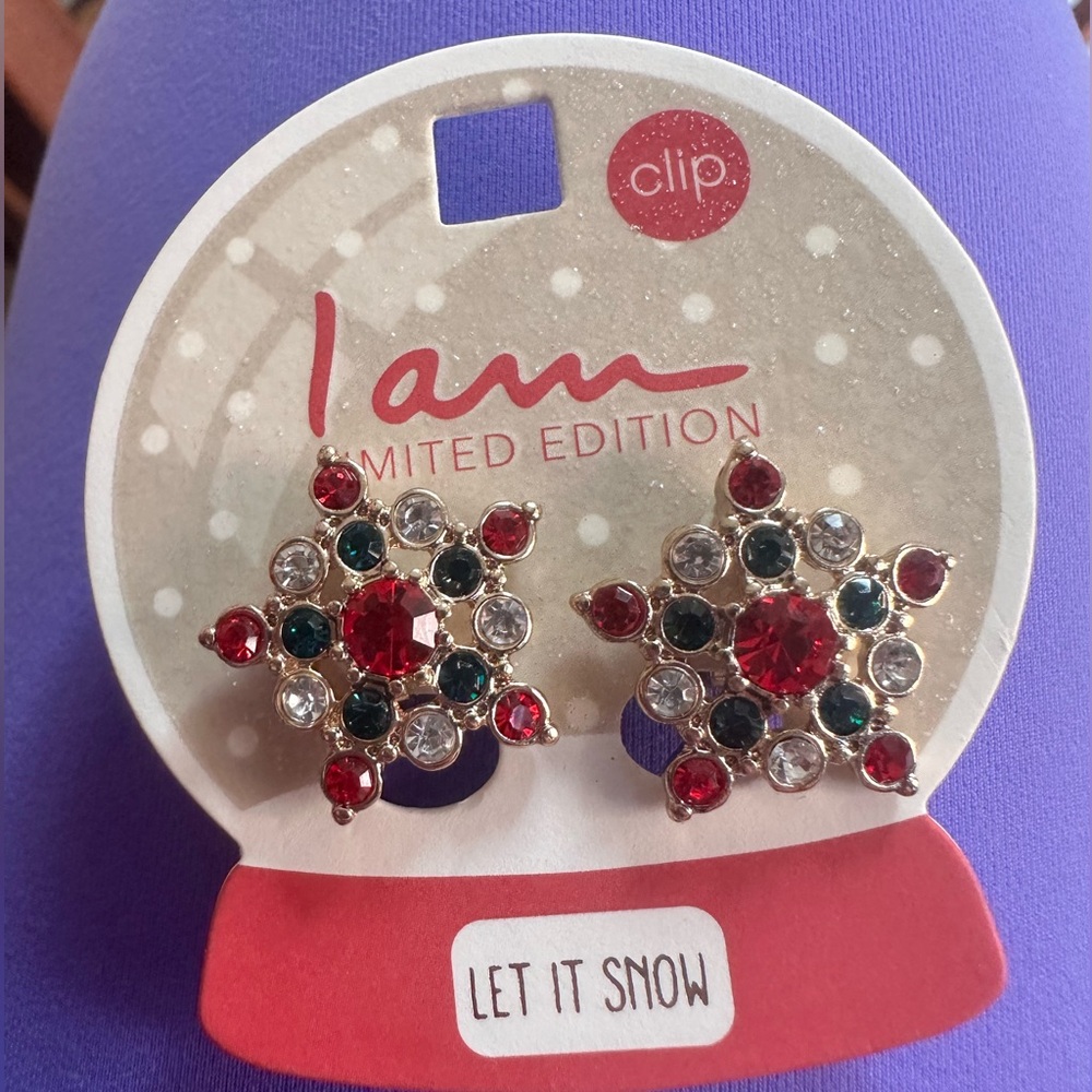 Jeweled Snowflake Clip On Earrings